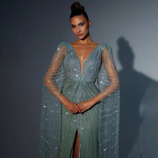 Turquoise Cape Sleeves Luxury Beaded Mermaid High Split Evening Dress - Women's Wedding Party Gown 2024