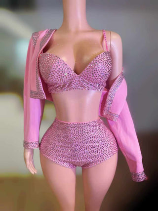 Sparkling Rhinestone Crop Jacket and Shorts Set