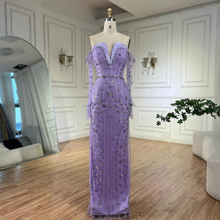 Ships in 1 to 3 Days - Arabian Lilac Mermaid Strapless Luxury Beaded Evening Gown with Glove Sleeves for Women - Wedding Party 2024