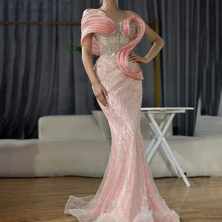 Pink Mermaid One-Shoulder Beaded Cut-Out Evening Dress Gown for Wedding Party