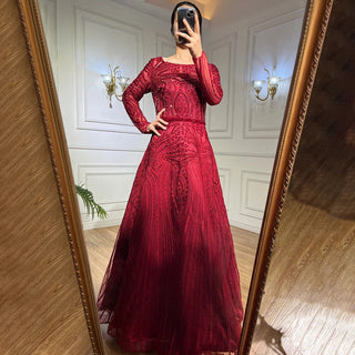 Muslim Wine Red Luxury Evening Dress - Women's Wedding Party Gown 2024 A-Line Beaded