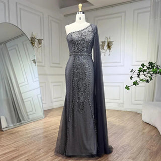 Grey Mermaid Elegant Cape Sleeves Evening Dress - One Shoulder Luxury Beaded Gown, 2024, Women's Party