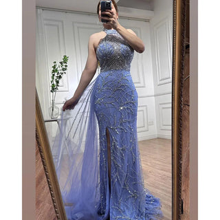 Arabic Blue Mermaid Sleeveless Sexy High Split Beaded Evening Dress - Women's Wedding Party Gown 2024