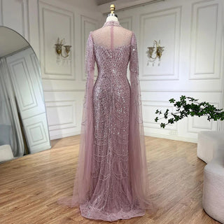 Dubai Pink Cape Sleeves Mermaid Beaded Luxury Long Arabic Evening Dress - Gown for Women's Wedding Party