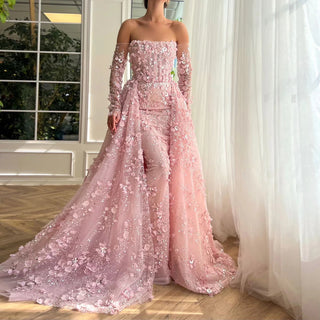 Ships in 1 to 3 Days - 2024 Pink Strapless Back Lace-Up Mermaid Evening Gown with Overskirt and Appliques for Women Wedding Party