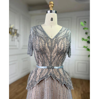 Silver Nude Elegant Short Sleeves A-Line Evening Dress 2024 - Mother of the Bride Luxury Beaded Party Dress