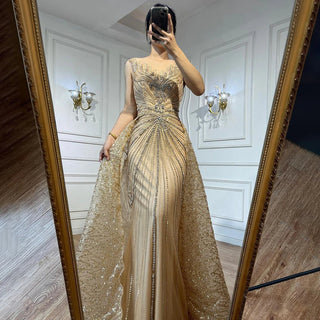 Gold O-neck Long Sleeves Mermaid Beaded Overskirt Evening Dresses Formal Party Gowns For Women 2023