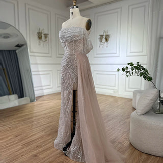 2025 Customized Arabic Nude Mermaid Evening Gown with Beaded Detailing and High Split