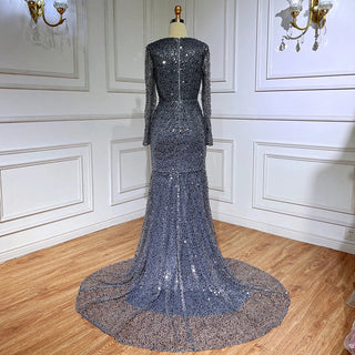 Muslim Grey Mermaid Sparkle Sequin Beaded Luxury Evening Dresses Gowns 2024