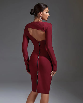 Fashion Bodycon Burgundy Dress - One Shoulder Cut-Out Bandage Dress for Women, Long Sleeve Winter Formal Dress