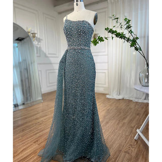 Turquoise Mermaid One Shoulder With Overskirt Beaded Evening Dresses Gowns: 2024 For Women Wedding Party