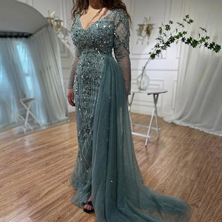 Ships in 1 to 3 Days - Turquoise High Split Mermaid Long Sleeves Evening Dress with Beading for Women Wedding Party