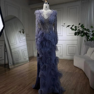 Arabic Lilac Mermaid Evening Dress with High Split Skirt, Beaded Feathers - 2024 Party Gown for Women