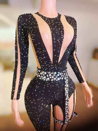 Glamorous Cutout Crystal Embellished Jumpsuit with Rhinestone Detailing