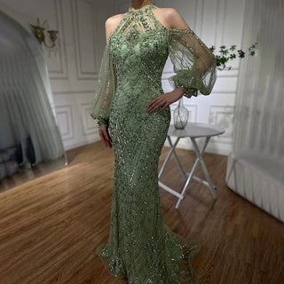 Ships in 1 to 3 Days - 2024 Elegant Sage Green Halter Neck Beaded Luxury Mermaid Evening Dress for Formal Occasions - Saudi