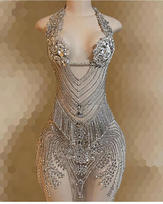 Luxurious Crystal and Bead Embellished Bodysuit Dress with Sheer Panels