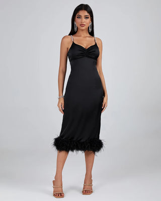 Ships in 1 to 3 Days - Fall New Arrivals Luxury Evening Dress - Crystal Beading Silver Strap Black Party Birthday Dress with Feather