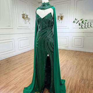 Ships in 1 to 3 Days - Green Elegant Mermaid Luxury Evening Gown 2024 with High Split and Cape Sleeves - Perfect for Women's Parties