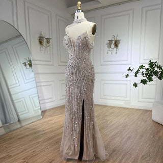 Dubai Silver Nude Spaghetti Strap Evening Dress - Luxurious Beaded Prom Gown for Women's Party 2024