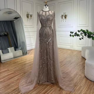 Ships in 1 to 3 Days - 2024 Arabic Caramel Mermaid Evening Dress with Beaded Elegant Cape Sleeves Gown for Women's Wedding Party