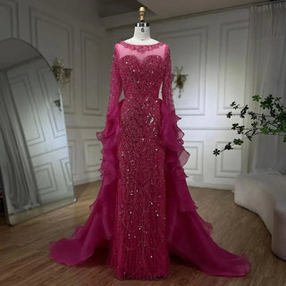 Fuchsia Mermaid Over Skirt Beaded Luxury Dubai Long Evening Dresses: Gowns for Women's Wedding Party 2024