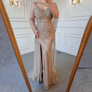 Brown Luxury Mermaid Evening Dresses 2024 - Elegant High Split with Beaded Embellishments for Women's Party