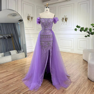 Ships in 1 to 3 Days - Arabic Purple Strap High-Split Mermaid Beaded Evening Gown for Women Wedding Party 2024