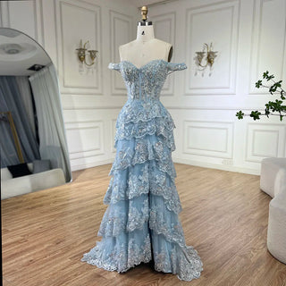 Arabic Blue Spaghetti Strap Tiered Beaded Evening Gown with Front Slit for Women - Wedding Party 2024