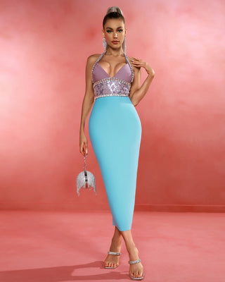 Luxury Beaded Women's Formal Dress - Sky Light Blue Halter Neck Sequin Bodycon Party Dress for Sexy Evening Club Wear