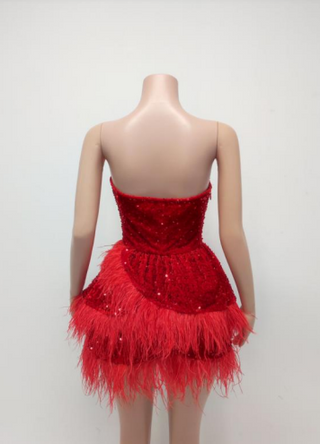 Ships in 2 to 5 Days - Strapless Sequin and Feather Embellished Mini Dress