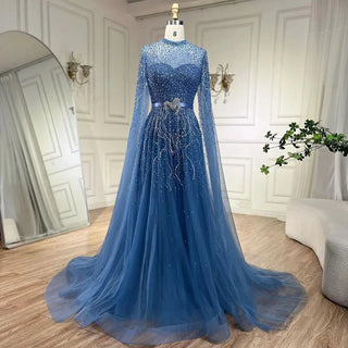 Blue A-Line Cape High Neck Beaded Evening Gown for Plus Size Party