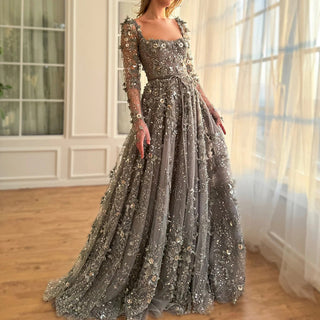 2024 Arabic Gray Lace-Up A-Line Elegant Appliques Luxury Beaded Evening Gown for Women's Wedding Party