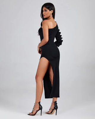 Elegant Ladies Black Bandage Party Dress - One Shoulder Ruffles Long Sleeve Sexy High Slit Knitted Prom Dress