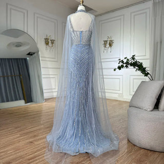 Spaghetti Strap Long Blue Mermaid Beaded Cape with Sleeves Evening Dresses Gowns