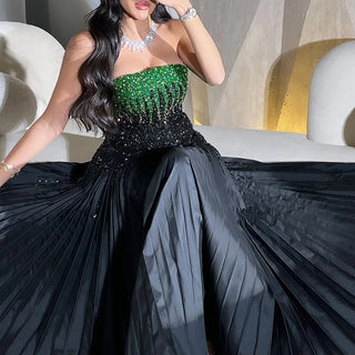 2024 Arabic Black Green Mermaid Strapless Ankle-Length Beaded Luxury Evening Dress - Gown for Women's Wedding Party