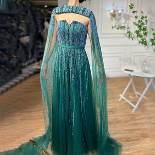 Ships in 1 to 3 Days - Arabic Green Cape Sleeves A-Line Beaded Evening Dress - Long Celebrity Gown for Women's Wedding Party 2024