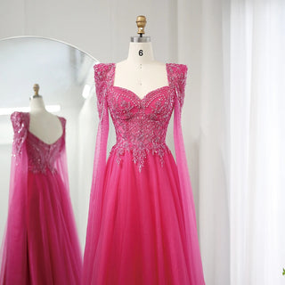 Arabic Fuchsia Evening Dress with Cape Sleeves Luxury Beaded Dubai Elegant Women Wedding Formal Party Gowns