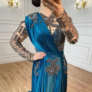 Dubai Blue A-Line Satin Beaded Elegant Long Arabic Evening Dress 2024 - For Women's Wedding Party