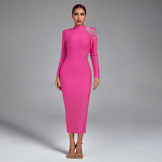 Ships in 1 to 3 Days - Elegant Beaded Backless Midi Dress with Diamond Tassels - Sexy Long Sleeve Rhinestone Bandage Cocktail Dress