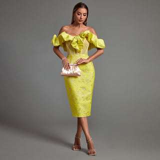 Ships in 1 to 3 Days - Off-Shoulder Ruffled Midi Dress with Embroidered Skirt