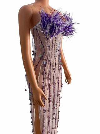 Luxurious Lavender Feather and Sequin Embellished Sheer Midi Dress