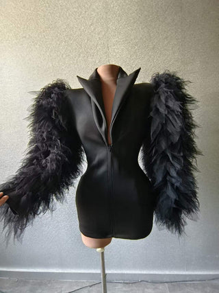 Chic Deep V-Neck Blazer Dress with Feathered Sleeves