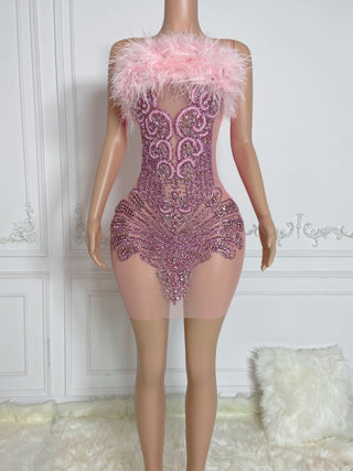 Ships in 1 to 3 Days - Luxurious Feather and Beaded Mini Dress with Sheer Panels