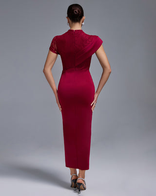 Ships in 1 to 3 Days - Sophisticated High-Neck Lace and Draped Evening Gown