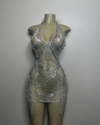 Ships in 1 to 3 Days - Elegant Crystal Chain Embellished Mini Dress with Plunge Neckline