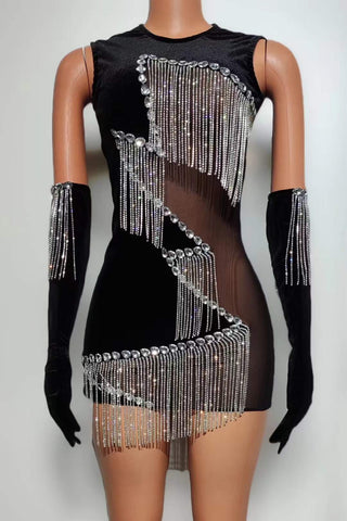 Dazzling Fringe Embellished Mini Dress with Sheer Panels and Gloves