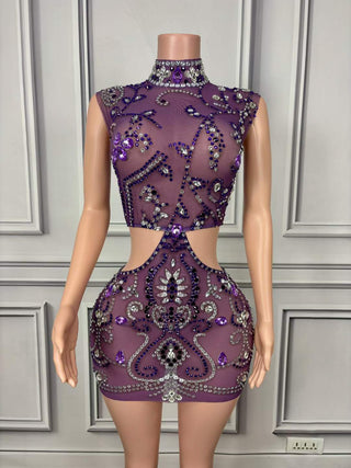 Opulent Crystal Embellished High-Neck Cut-Out Mini Dress