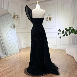 Green Mermaid High Split Elegant One Shoulder Beaded Evening Dress Gown for Women Wedding Party 2024