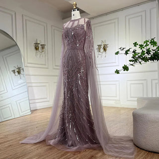 2024 Arabic Caramel Mermaid Evening Dress with Beaded Elegant Cape Sleeves Gown for Women's Wedding Party