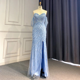 2024 Arabic Blue Mermaid Evening Gown: Sexy High Split with Beaded Elegance - Ideal for Women's Party Glamour